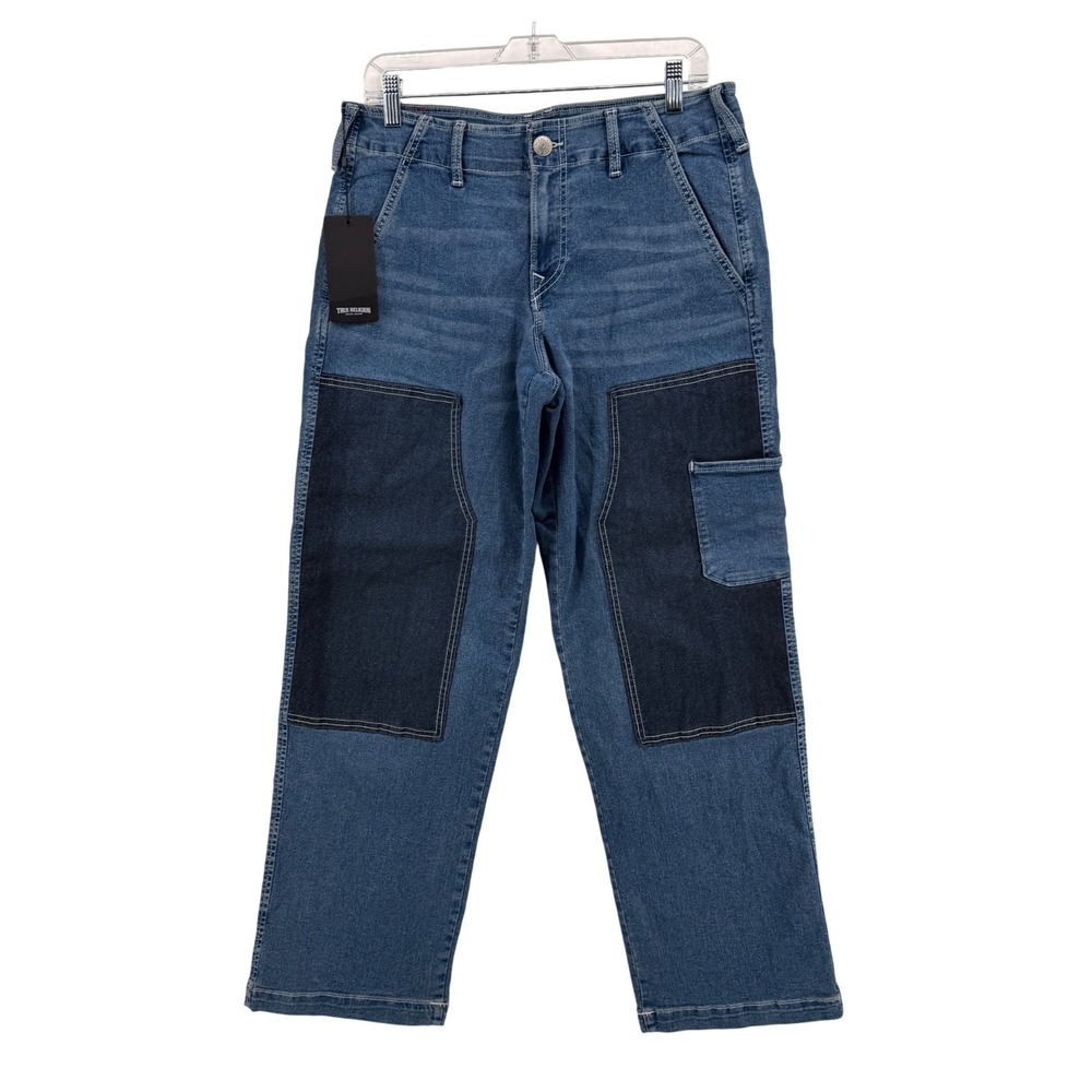 NEW True Religion Carpenter Pant Womens 29 Jeans Blue Reverse Denim Patchwork
